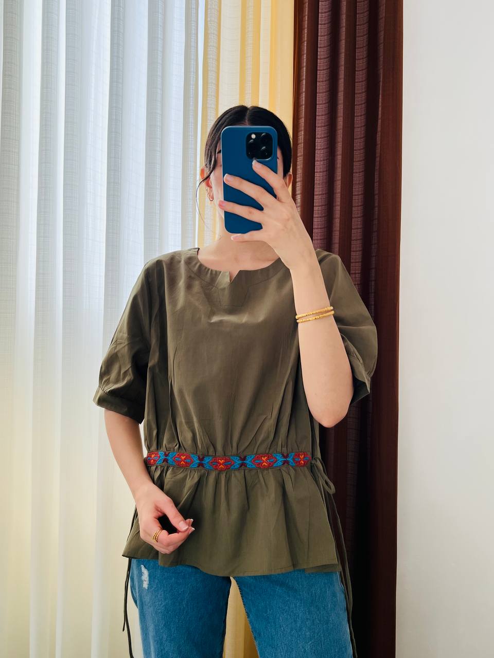 بلوز کمر بندی نخ کتان زنانه کد 417100