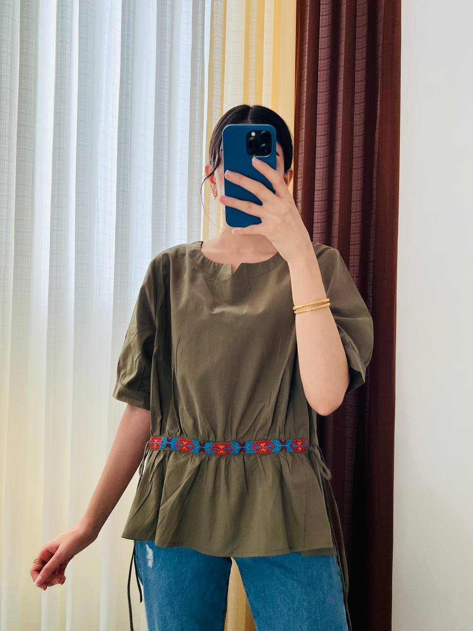 بلوز کمر بندی نخ کتان زنانه کد 417100