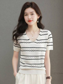 بلوز بافت زنبوری دور  یقه مرواریدی زنانه کد 418418