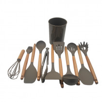 سرویس کفگیر و ملاقه سیلیکونی 12 پارچه دسته چوبی Kitchen Set کد 802298