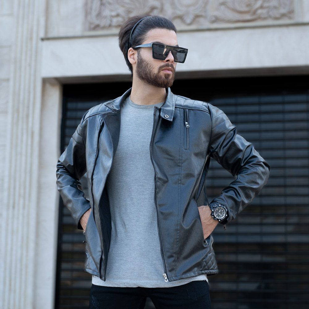 کاپشن چرم زیپ کج مشکی کد 1045