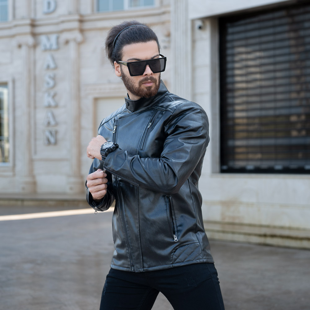 کاپشن چرم زیپ کج مشکی کد 1045